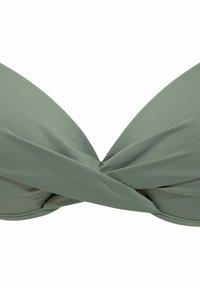 Top da bikini verde con un design frontale attorcigliato, realizzato in tessuto liscio ed elastico con una finitura opaca. Nessuna hardware o decorazione visibile.