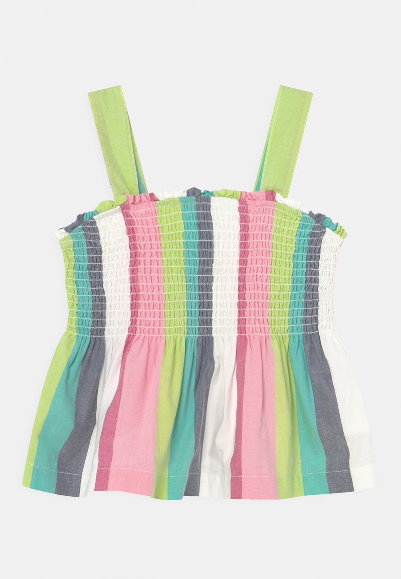 Haut sans manches avec larges bretelles vertes et rayures verticales en rose, vert, sarcelle, blanc et gris, avec corsage supérieur smocké.