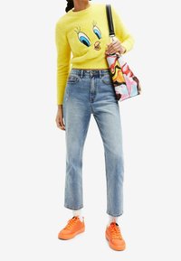 Suéter amarillo de felpa con un gráfico de un pájaro de dibujos animados, jeans high-waisted de color azul claro y zapatillas naranjas. El bolso tiene un diseño abstracto colorido.