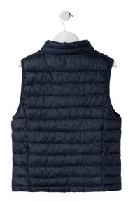 Marineblaue ärmellose Steppweste mit gestepptem Design, hohem Kragen und glatter Textur. Verfügt über eine Schlaufe zum Aufhängen.