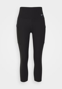 Černé legíny s vysokým pasem, vyrobené z elastického materiálu. Obsahují boční kapsy a malé bílé logo Nike na pase.