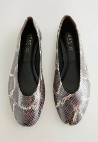 Ballerines en simili cuir marron à motif serpent avec un bout arrondi et un intérieur lisse, présentées sur un fond clair. Étiquette de la marque visible à l'intérieur.