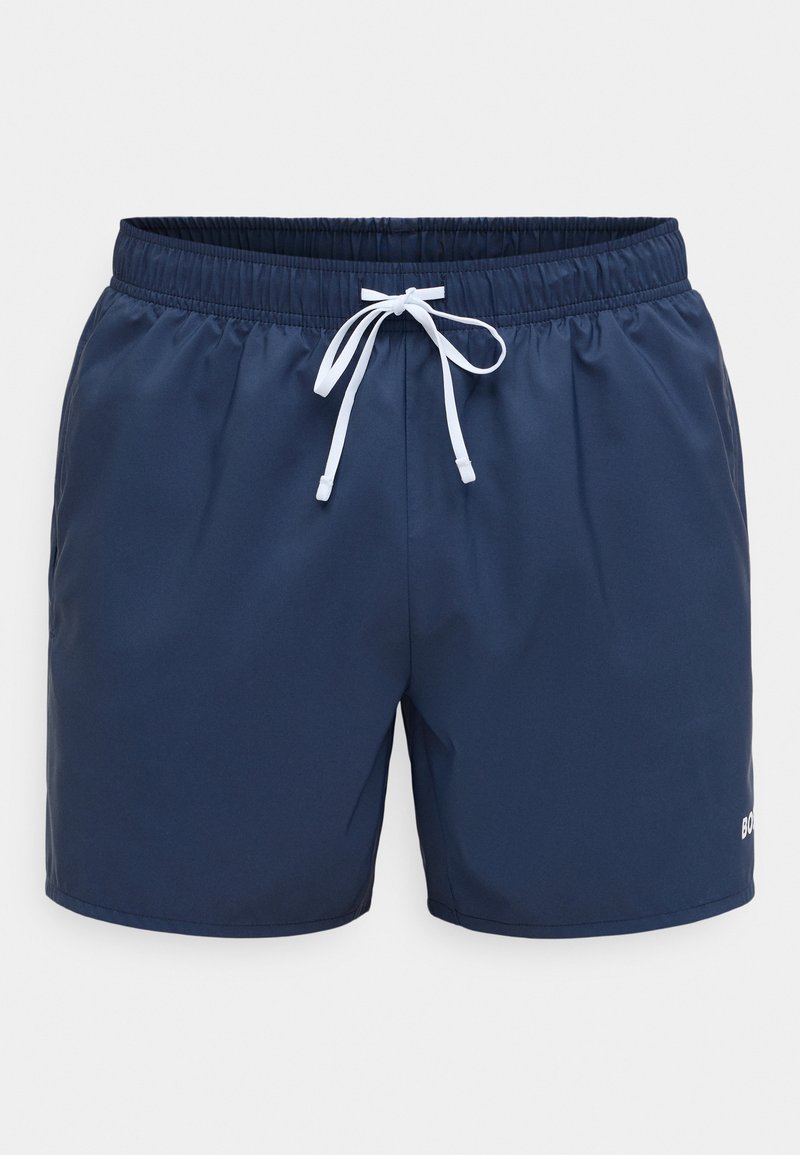 Tengerészkék fürdőnadrág elasztikus derékpánttal és fehér zsinórral. Könnyű anyagból készült, oldalzsebekkel és egy kis logóval a szegélyen.