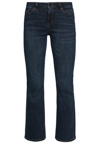 Granatowe dżinsy z prostymi nogawkami, pięcioma kieszeniami, wzmocnionymi szwami i subtelnymi efektami przecierania.