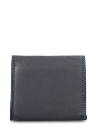 Donkergrijze leren portemonnee met een compact ontwerp. Heeft zichtbare stiksels langs de randen en een zachte textuur.