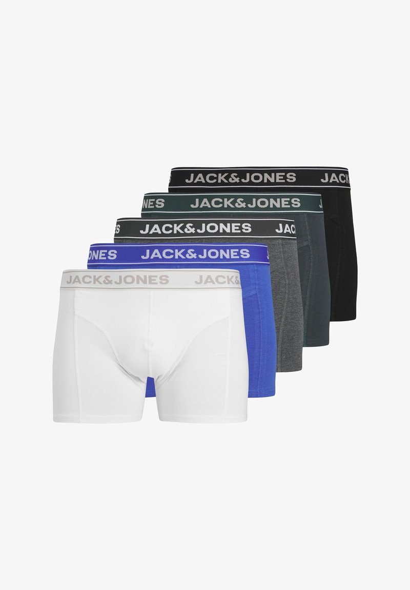 Öt pár JACK & JONES férfi boxer alsónadrág fehér, kék, szürke, fekete és sötétzöld színben, különböző színű márkás elasztikus derékpánttal.