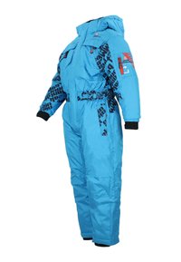 Combinaison de ski isolée en bleu avec des motifs graphiques noirs sur les manches et les poches, la capuche et les manchons.