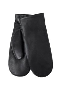 Black leather mittens with a smooth finish, featuring a simple design and unembellished surface. Accented with rounded edges.