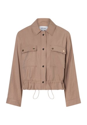 Lichtbruine cropped jas met lange mouwen, knoopsluiting aan de voorkant, twee borstzakken met klep en knopen en verstelbare trekkoord in de zoom.