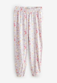 Lichtpaarse pyjamabroek met speelse illustraties van katten, strikken en kleine accessoires, met een elastische tailleband voor comfort.
