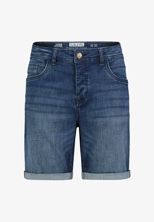 Dunkelblaue Denim-Shorts mit glatter Textur. Sie verfügen über umgeschlagene Säume, fünf Taschen und einen Knopfverschluss an der Taille.