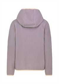 Lila Fleece-Jacke mit Kapuze, einer strukturierten Oberfläche, beigem Besatz an den Kanten und langen Ärmeln. Rückansicht gezeigt.