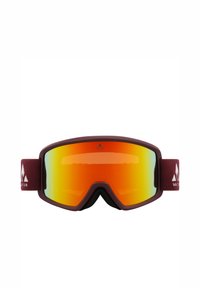 Bordeaux ski-goggles met een oranje getinte spiegellens, schuimrubber padding rond het frame en een verstelbare band met een logo.