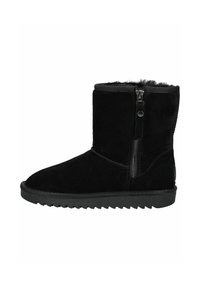 Schwarze Wildleder-Ankle-Boots mit einem seitlichen Reißverschluss, strukturiertem Äußeren, runder Zehenpartie und Gummisohle mit Zickzackmuster.