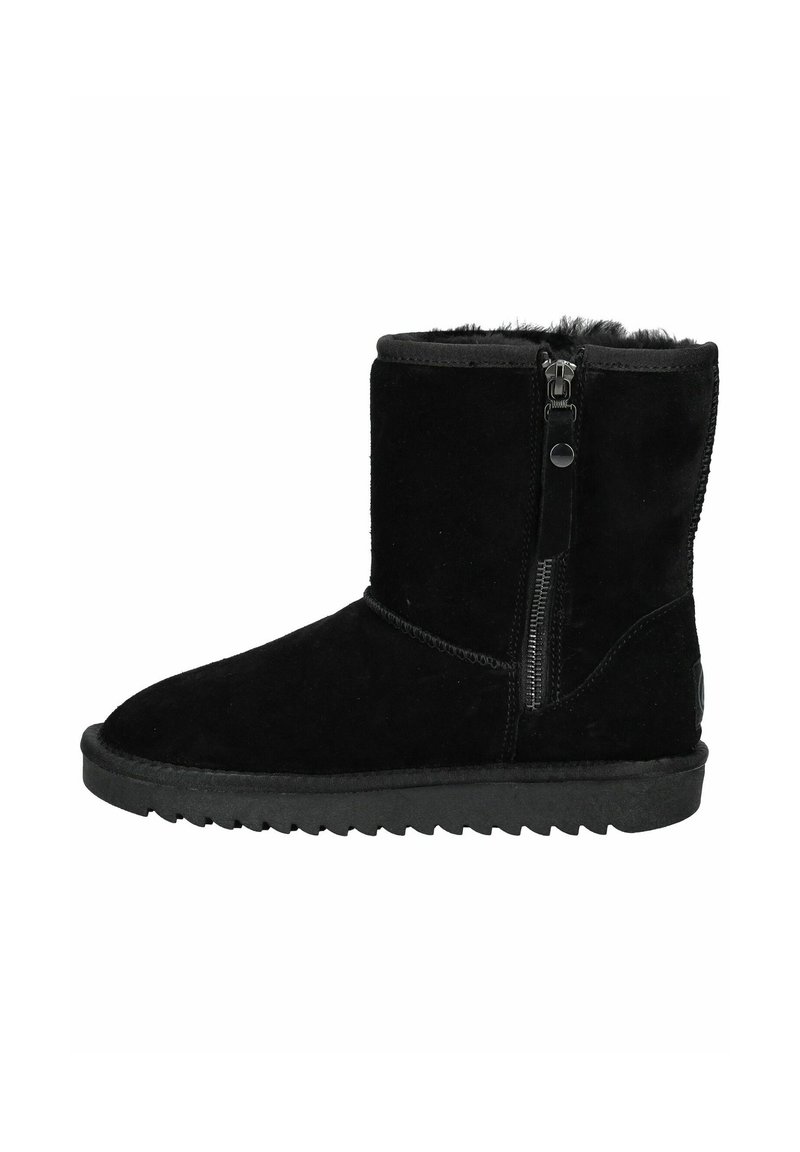 Schwarze Wildleder-Ankle-Boots mit einem seitlichen Reißverschluss, strukturiertem Äußeren, runder Zehenpartie und Gummisohle mit Zickzackmuster.