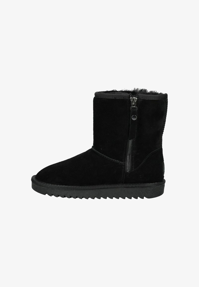 Schwarze Wildleder-Ankle-Boots mit einem seitlichen Reißverschluss, strukturiertem Äußeren, runder Zehenpartie und Gummisohle mit Zickzackmuster.