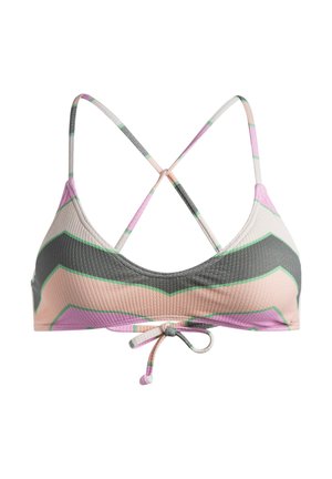 Haut de bikini en tissu texturé et à motifs dans les tons rose, vert et gris. Présente un design à dos croisé et une fermeture à nouer à l'avant.