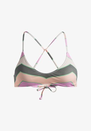 Bikini-Oberteil aus strukturiertem, gemustertem Stoff in Pink, Grün und Grau. Mit einem gekreuzten Rückendesign und einer Bindeschließe vorne.