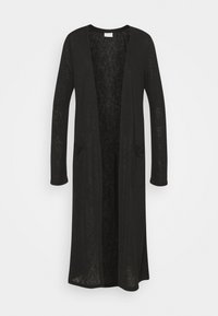 Svart lång kofta gjord av ett lätt, halvgenomskinligt tyg. Har öppen front, långa ärmar och två framfickor.