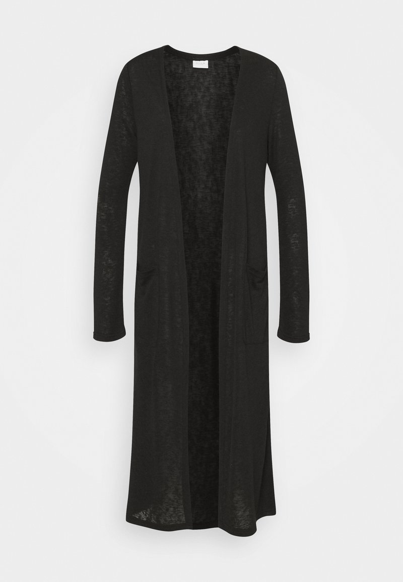 Svart lång kofta gjord av ett lätt, halvgenomskinligt tyg. Har öppen front, långa ärmar och två framfickor.