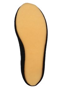 Zwarte textiele binnenzool met een zachte, crèmekleurige binnenkant. Heeft een gladde textuur en ergonomische vorm voor voetondersteuning.