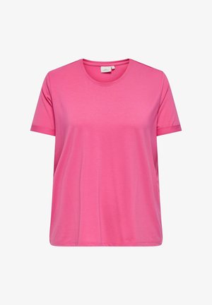 Roze T-shirt met korte mouwen, featuring een ronde hals, relaxte pasvorm en zachte textuur. Eenvoudig ontwerp zonder patronen of accenten.