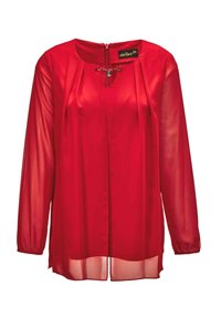 Rode blouse van semi-transparant materiaal met lange mouwen, een ronde halslijn en een ritssluiting aan de voorkant met een decoratieve kettingaccent.