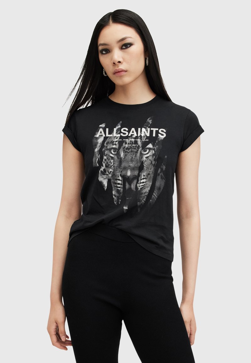 Camiseta de algodón negra con un gráfico de tigre y el logo "ALLSAINTS" en blanco. Mangas cortas y ajuste relajado con una textura suave.