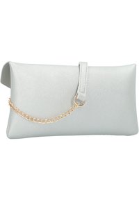 Jasnoszara satynowa kopertówka o miękkim, prostokątnym kształcie. Posiada złoty łańcuszek oraz klapę z zapięciem na pętlę.