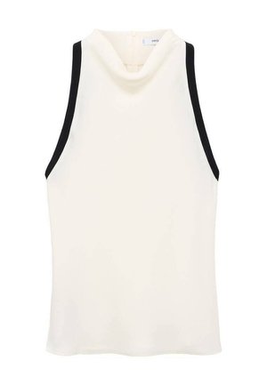 Top senza maniche color crema con pannelli laterali neri, caratterizzato da un collo drappeggiato e una texture morbida. Chiusura con zip sul retro, tessuto leggero.