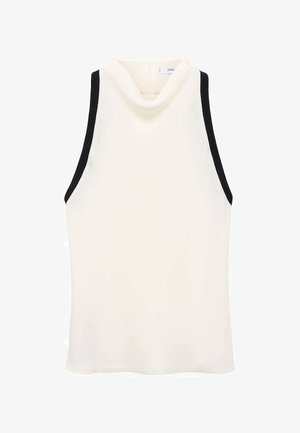 Top senza maniche color crema con pannelli laterali neri, caratterizzato da un collo drappeggiato e una texture morbida. Chiusura con zip sul retro, tessuto leggero.