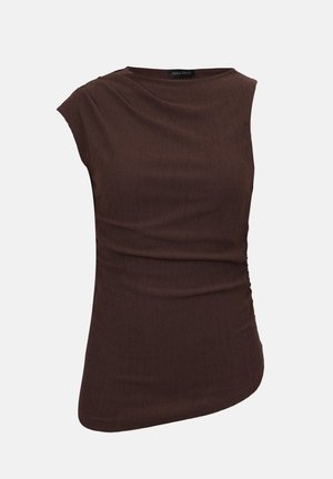Haut sans manches marron texturé avec ourlet asymétrique et fronces latérales subtiles, encolure ronde, étiquette Anna Field.