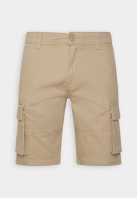 Shorts cargo beiges en coton avec poches latérales, passants pour ceinture, fermeture à boutons, et coupe droite. Texture lisse et longueur standard.
