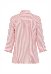 Striped shirt featuring vertical pink and white stripes, with a collared neckline and three-quarter length sleeves. Textured fabric with pleats.