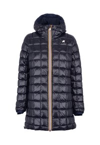 Giacca imbottita blu navy con cappuccio, caratterizzata da un design trapuntato e una zipper a contrasto. Materiale lucido e testurizzato con polsini elasticizzati.
