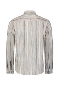 Langsleevshirt met verticale strepen in tinten van beige, blauw en bruin. Gemaakt van gestructureerde stof, met een knoopsluiting bij de kraag.