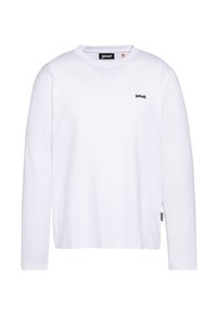 T-shirt bianco a maniche lunghe in cotone, con collo rotondo, un piccolo logo nero sul petto e un'etichetta sull'orlo.