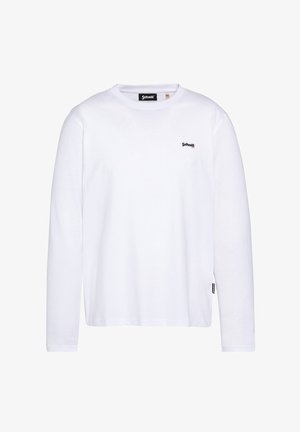 Biała, długosleeve'owa koszulka z bawełny, z okrągłym dekoltem, małym czarnym logo na klatce piersiowej i metką na dolnym brzegu.