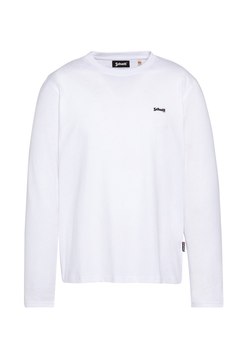 T-shirt bianco a maniche lunghe in cotone, con collo rotondo, un piccolo logo nero sul petto e un'etichetta sull'orlo.