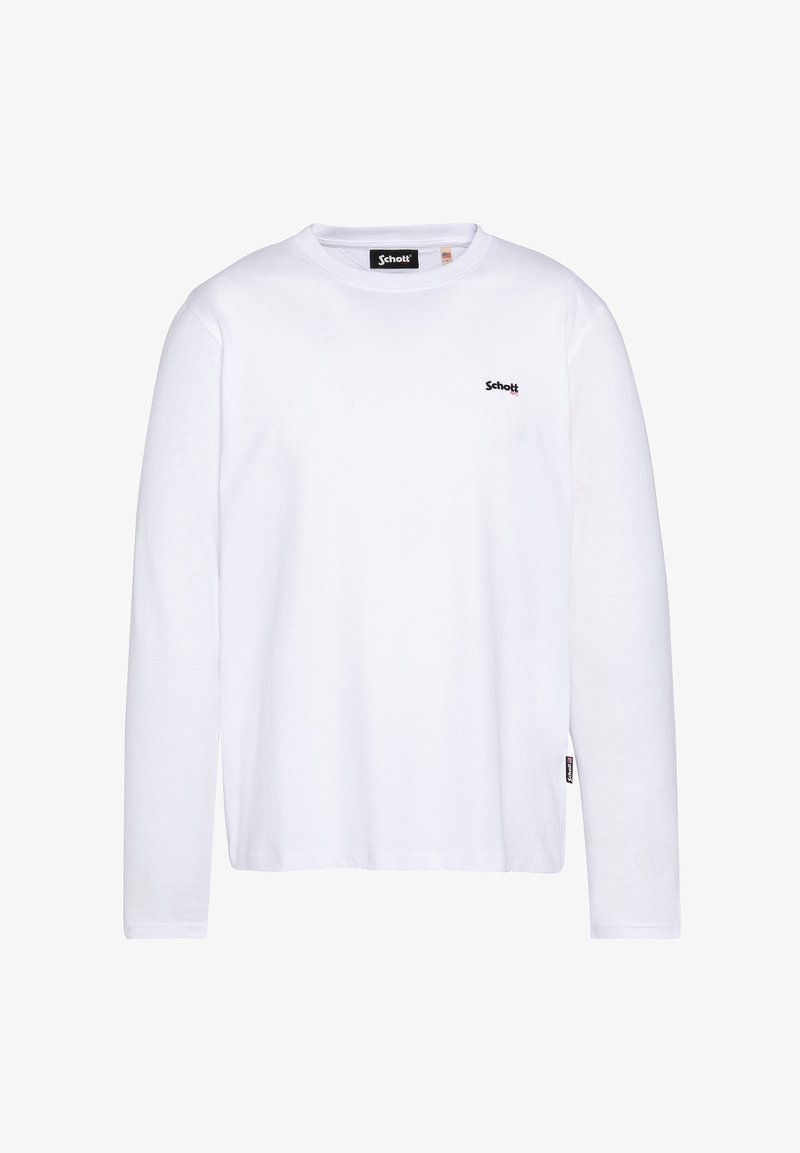 Weißes Langarm-T-Shirt aus Baumwolle mit Rundhalsausschnitt, kleinem schwarzem Logo auf der Brust und einem Etikett am Saum.