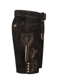 Shorts in pelle marrone con una superficie testurizzata, caratterizzati da ricami decorativi, una tasca con zip e dettagli in metallo sui bottoni.