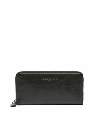 Cartera negra de cuero con cremallera alrededor, con textura sutil y pequeño logo de la marca en relieve centrado en el frente.