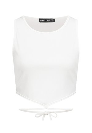 Fehér bordázott ujjatlan rövid felső kerek nyakkivágással és elöl megkötős részlettel a deréknál, kis méretű, Cloud 5ive márkájú.