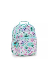 Floral-patterned backpack in mint, featuring pink and green flowers. Zip closures, a front pocket, and a small furry monkey keychain attached.