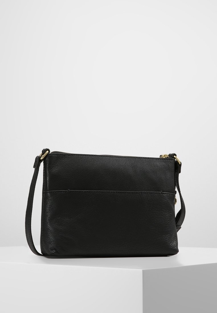 Black leather crossbody bag with a textured finish, featuring a zip closure, adjustable strap, and a back pocket for additional storage.