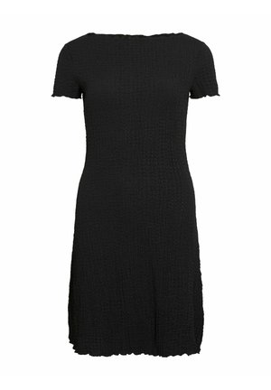 Black short-sleeve dress with a textured fabric, featuring a relaxed fit, round neckline, and scalloped hemline. No visible hardware or patterns.