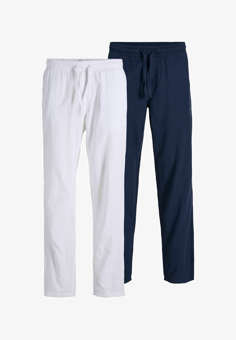 Deux pantalons droits avec des ceintures élastiques et des cordons de serrage, un blanc et un bleu marine, présentés côte à côte.