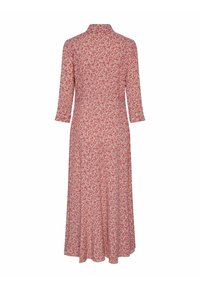 Robe maxi de couleur rose clair avec un motif floral. Comprend un col et des manches trois-quarts. Tissu doux et fluide avec une coupe décontractée.