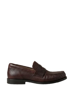 Dark brown leather loafer with moc toe stitching, low black heel, and a strap across the top with a star emboss detail.