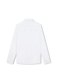 Camicia bianca a maniche lunghe con colletto classico, polsini abbottonati e un tessuto liscio e leggero. Senza motivi o dettagli visibili.